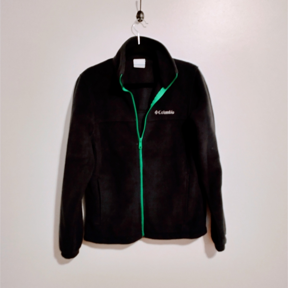 Columbia black fuzzy jacket with green at the zipper. Size small
